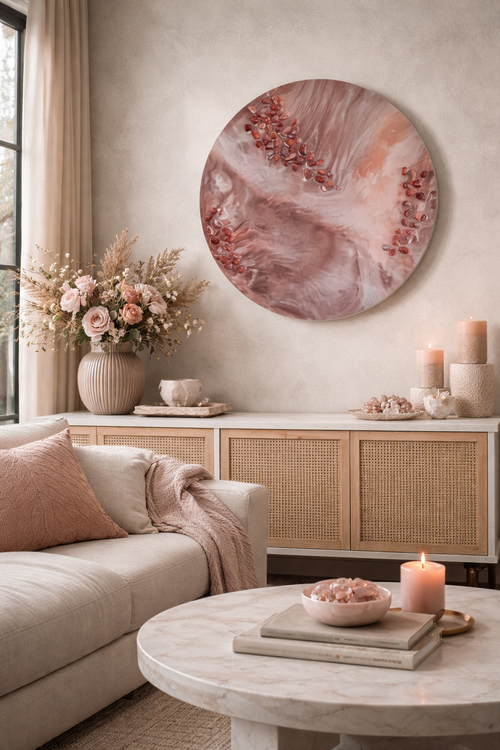 Abstraktes Bild aus Epoxidharz, Wandkunst mit echten Edelsteinen - Aprikosen Achat 60 cm