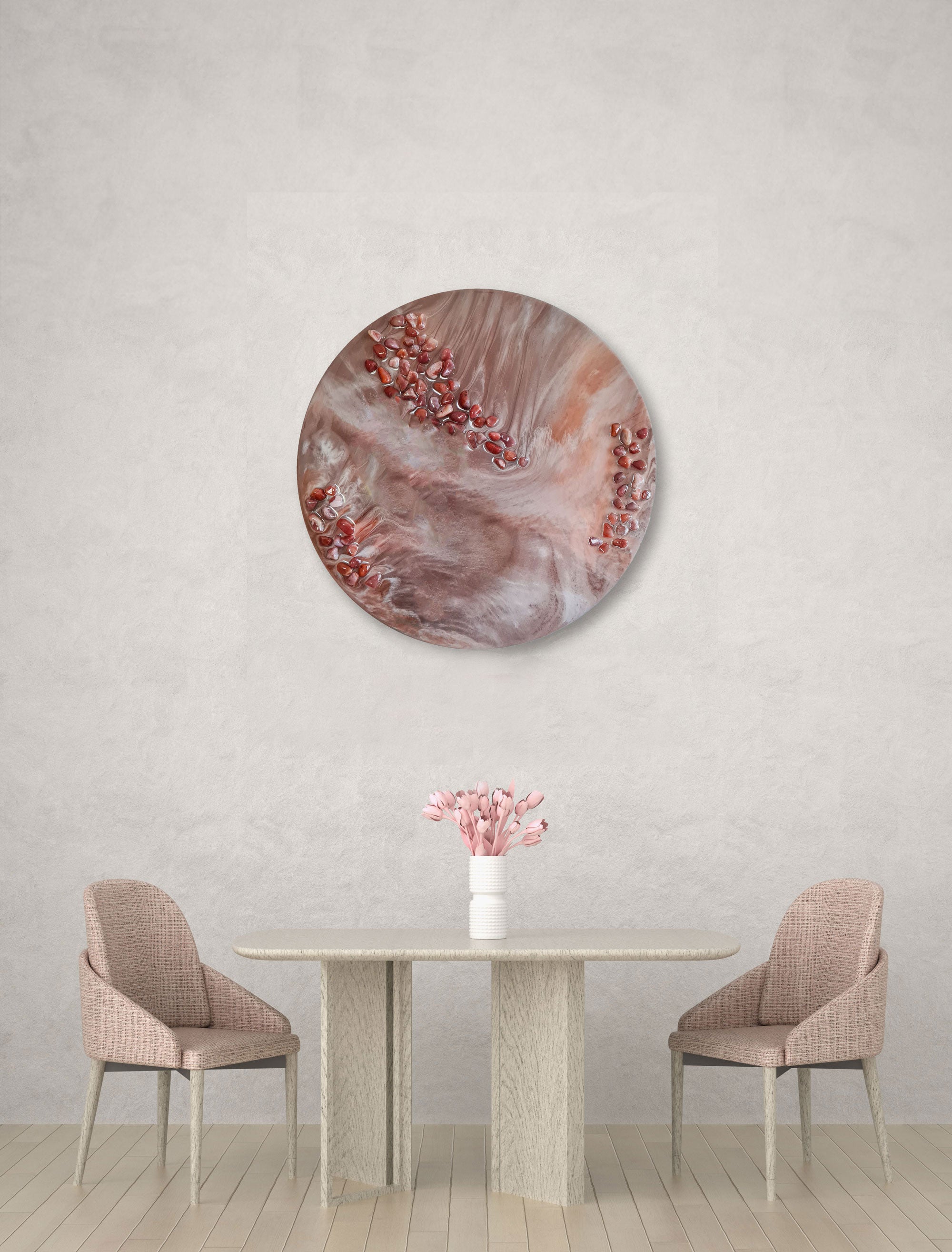 Abstraktes Bild aus Epoxidharz, Wandkunst mit echten Edelsteinen - Aprikosen Achat 60 cm