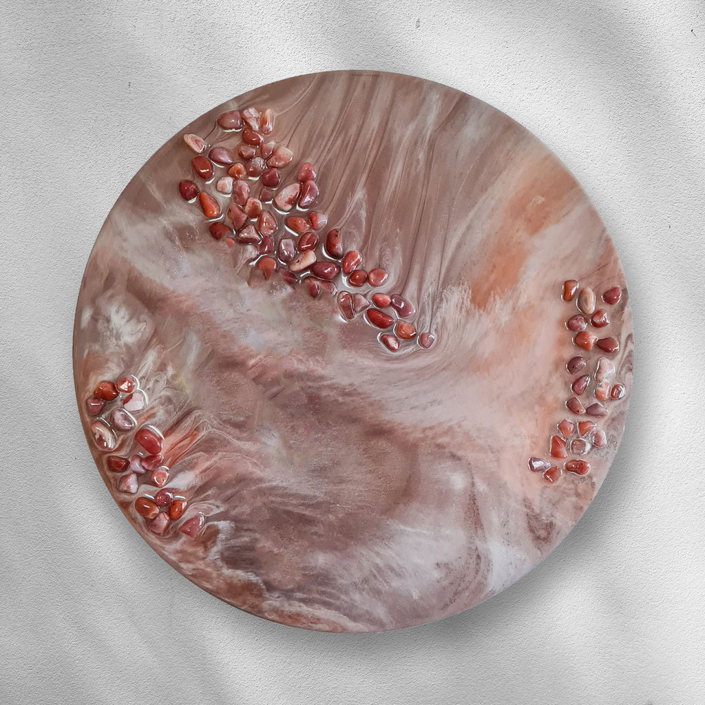 Abstraktes Bild aus Epoxidharz, Wandkunst mit echten Edelsteinen - Aprikosen Achat 60 cm